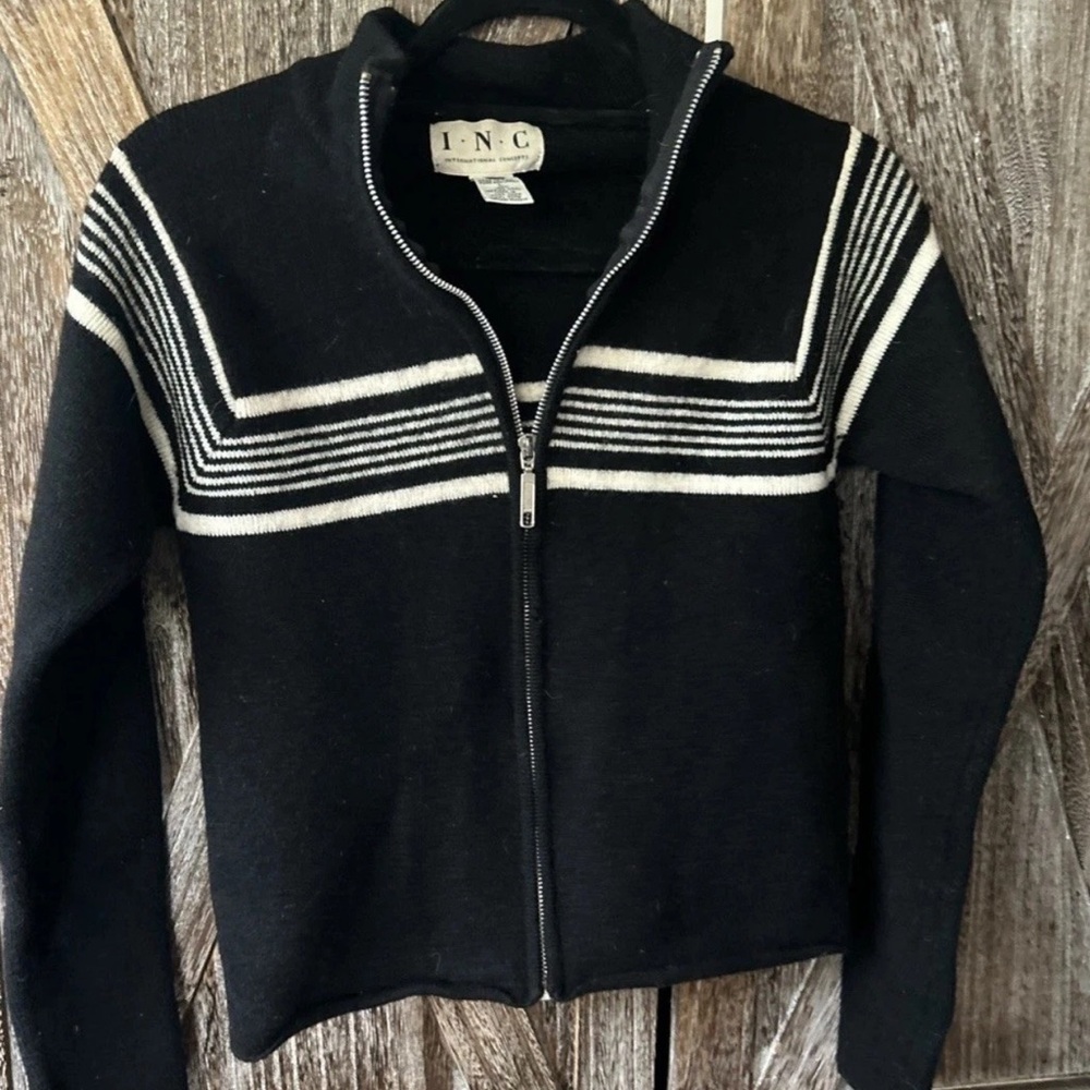 INC Vintage Merino Wool Cropped sweater Jacket Large Striped Black